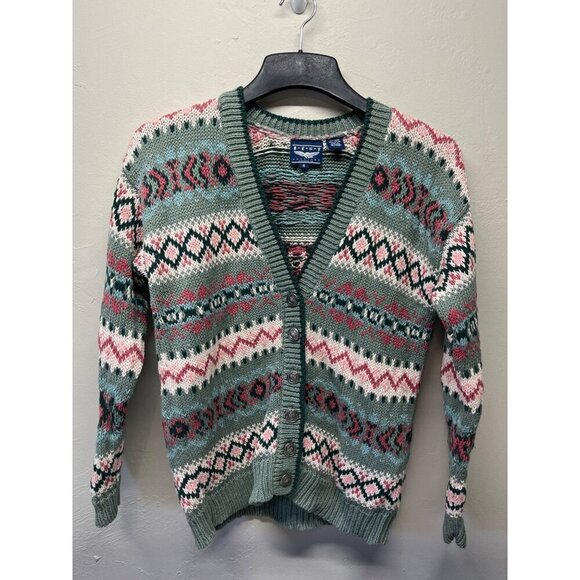 VTG Knit Cardigan Sweater Womens Small Fair Isle Nordic Cottagecore Green Pink - Picture 1 of 8